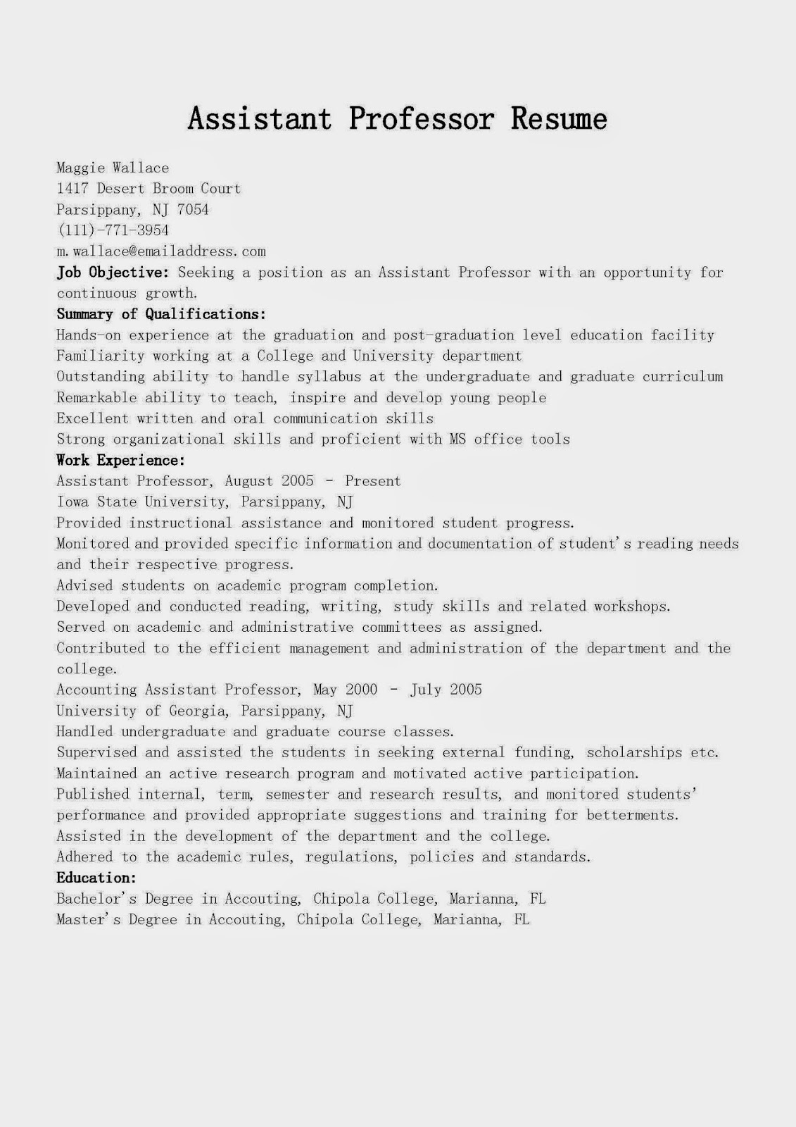 Resume examples for adjunct professors